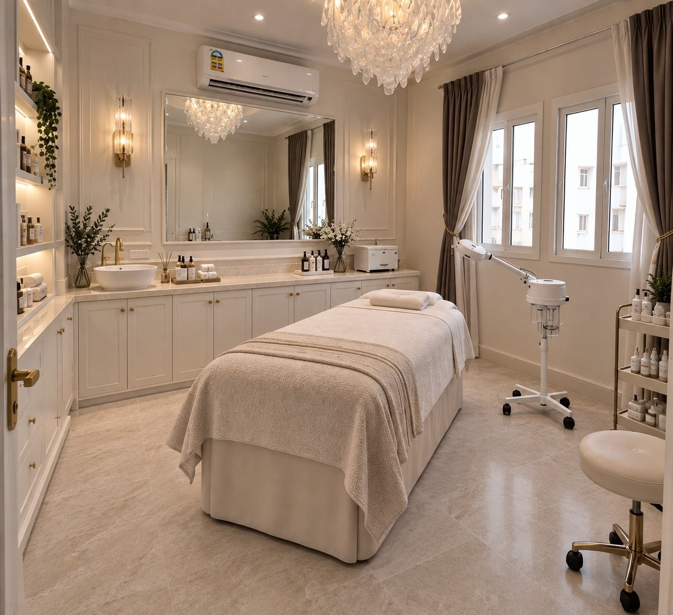 Concept visualisation of the Nailly Éclat facial room: a treatment bed, brass sconces and a crystal chandelier.