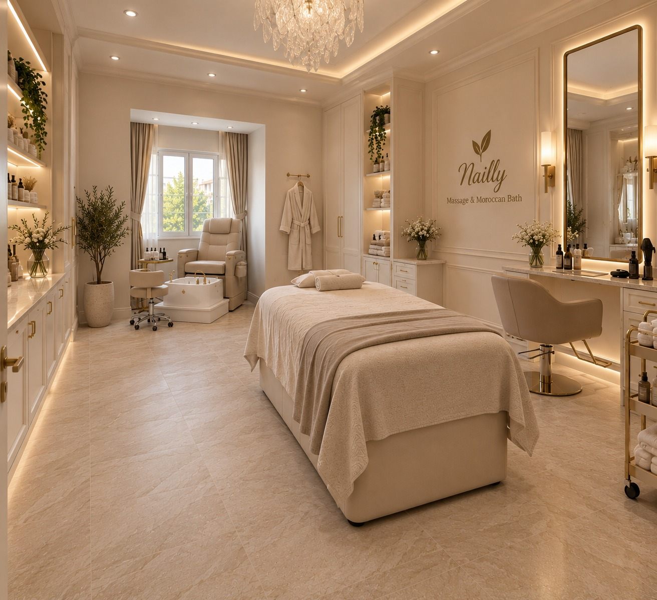 Concept visualisation of the Nailly massage and Moroccan bath room: a treatment bed in warm ivory beneath a crystal chandelier.