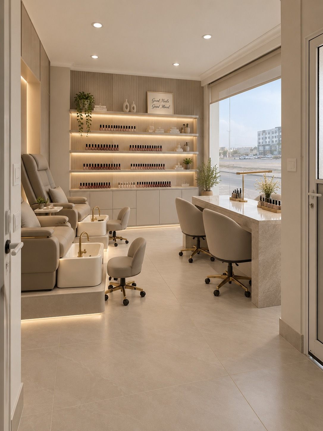Concept visualisation of the Nailly Atelier nail bar: pedicure chairs and a lit wall of polish.