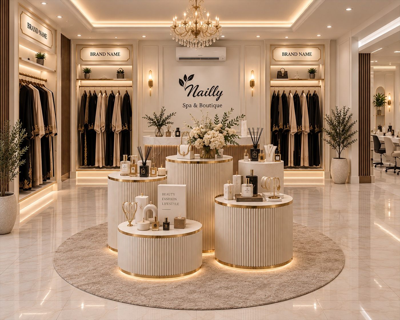 Concept visualisation of the Nailly boutique floor: fluted cream pedestals with fragrance and accessories beneath a chandelier.