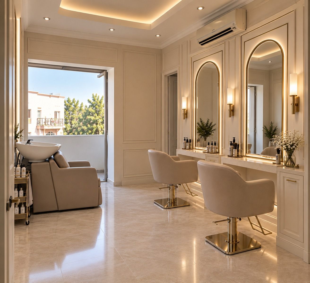Concept visualisation of the Nailly Studio hair salon: arched, lamp-lit mirrors and a balcony.